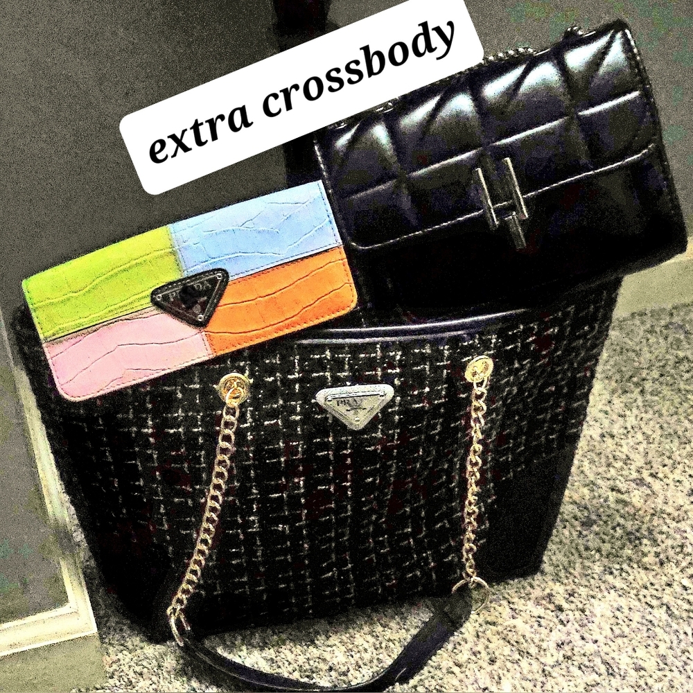 Tweed Fashion Bag, Trifold Wallet And Quilted Crossbody Set/Bundle